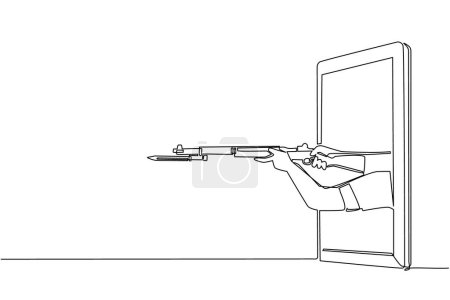 Illustration for Single continuous line drawing hand holding rifle with attached bayonet through mobile phone. Concept of warfare video games, e-sport, entertainment app for smartphones. One line draw design vector - Royalty Free Image
