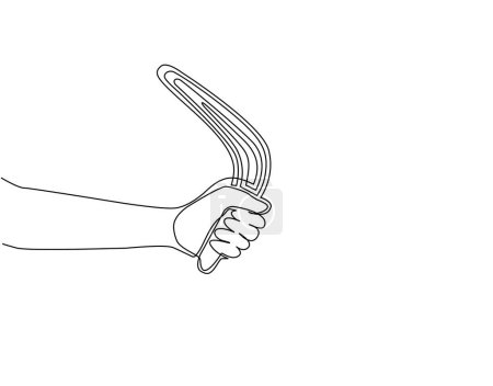 Illustration for Single one line drawing hand holding boomerang, ancient aboriginal hunting tool from Australia. Traditional souvenir, Australian native symbols. Continuous line draw design graphic vector illustration - Royalty Free Image