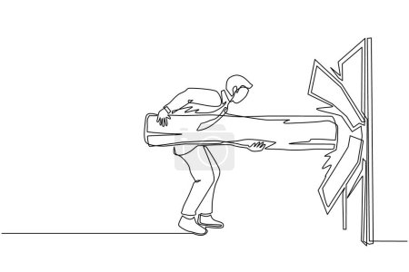 Illustration for Continuous one line drawing businessman holding large log and destroying door. Overcome challenges, and destroying obstacles with power and brute force. Single line draw design vector illustration - Royalty Free Image