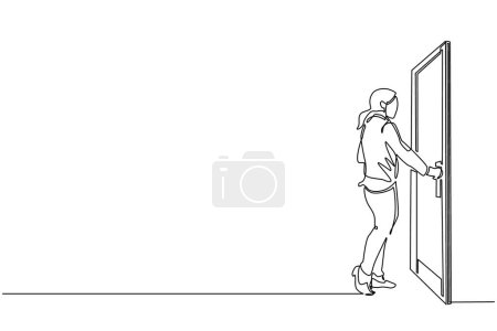 Eine durchgehende Linie zeichnet Geschäftsfrau mit Türknauf. Betreten des Raumes im Bürogebäude. Mädchen mit Türknauf zum Öffnen der Tür und Betreten des Arbeitsbereichs. Dynamische Ein-Linien-Zeichnung Grafik-Design-Vektor