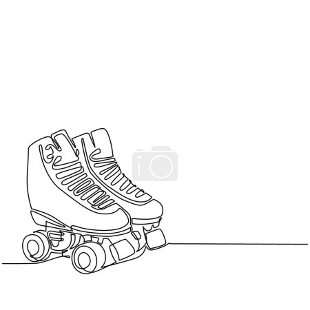 Ilustración de Solo línea continua dibujo par de vintage, retro quad patines icono símbolo del logotipo. Par de patines cuádruples estilo sketch con cordones blancos. Una línea dibujar ilustración vectorial diseño gráfico - Imagen libre de derechos