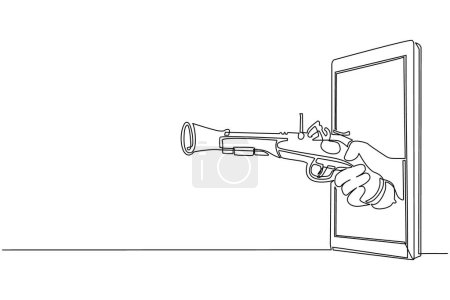 Illustration for Continuous one line drawing hand holding old flintlock pistol through mobile phone. Concept of pirate video games, e-sport, entertainment application for smartphones. Single line draw design vector - Royalty Free Image