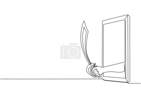 Ilustración de Continuo dibujo de una línea de mano sosteniendo sable pirata cutlass a través del teléfono móvil. Concepto de piratas videojuegos, e-sport, aplicación de entretenimiento para teléfonos inteligentes. Vector de diseño de línea única - Imagen libre de derechos