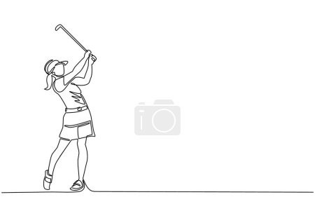 Illustration for Single continuous line drawing young woman golf player swing golf club and hit the ball. Leisure sport concept. Professional golf tournament. Healthy lifestyle. One line draw graphic design vector - Royalty Free Image
