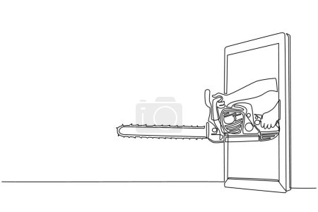 Illustration for Single one line drawing hand holding chainsaw through mobile phone. Concept of lumberjack video games, e-sport, entertainment application for smartphones. Continuous line draw design graphic vector - Royalty Free Image