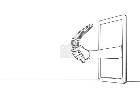 Illustration for Single continuous line drawing hand holding boomerang through mobile phone. Concept of agility video games, e-sport, entertainment application for smartphones. One line draw design vector illustration - Royalty Free Image