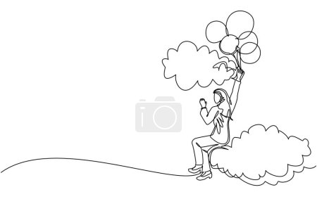Téléchargez les illustrations : Une seule ligne dessinant femme d'affaires arabe flottant avec ballon. Femme tenant un ballon volant à travers les nuages. Le travailleur atteint l'objectif, cible, trouve une solution. Vecteur graphique de dessin en ligne continue - en licence libre de droit