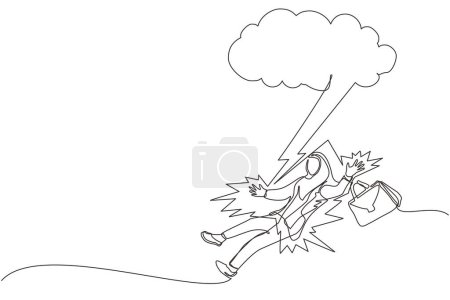 Téléchargez les illustrations : Un seul trait dessinant un homme d'affaires arabe frappé par la foudre ou le tonnerre d'un nuage sombre. Malchance, misère, malchance, malchance, désastre, risque et danger. Vecteur graphique de dessin en ligne continue - en licence libre de droit