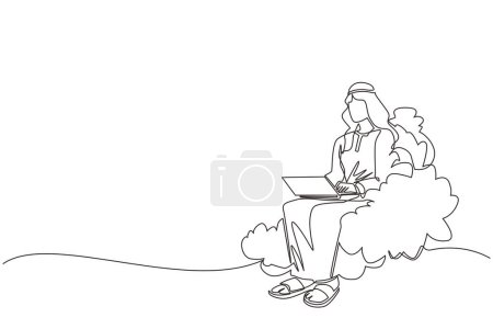 Ilustración de Una sola línea continua dibujando hombre de negocios árabe sentado en la nube en el cielo, trabajando con el ordenador portátil. Conexión inalámbrica. Redes sociales, chatear con almacenamiento en la nube. Una línea dibujar vector de diseño gráfico - Imagen libre de derechos