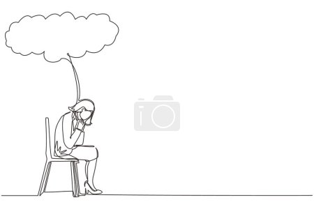 Téléchargez les illustrations : Une seule ligne dessinant une femme d'affaires assise sous un nuage de pluie. Un échec commercial. Femme inquiète pensant aux affaires avec une tendance négative. Effondrement de l'économie. Conception de ligne continue vecteur graphique - en licence libre de droit