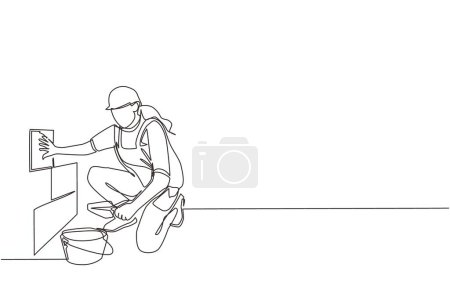 Illustration for Single one line drawing repair worker laying ceramic wall tile. Professional tiler in uniform working. Repairwoman in overalls tiling at home. Continuous line draw design graphic vector illustration - Royalty Free Image