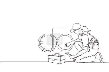 Illustration for Single continuous line drawing professional repairwoman fixing washing machine at home. Plumbing specialist with toolbox fixing, repairing washer, washing machine. One line draw graphic design vector - Royalty Free Image