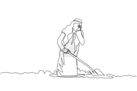 Ilustración de Continuo dibujo de una línea árabe hombre de negocios limpia el sudor en la frente mientras cava agujero. El trabajador nunca se rinde para terminar su trabajo. Trabaja duro concepto. Diseño de línea única ilustración gráfica vectorial - Imagen libre de derechos