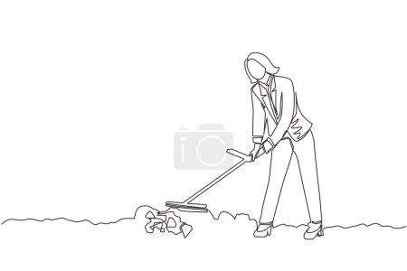 Illustration for Single continuous line drawing businesswoman with metal detector looking for pile of diamonds. Woman treasure hunter with metal detector finding precious stone. Dynamic one line graphic design vector - Royalty Free Image