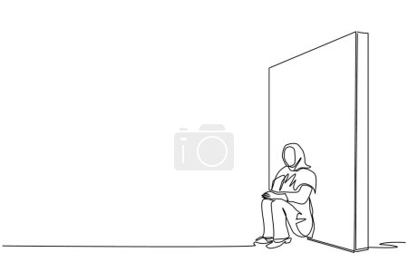 Eine durchgehende Linienzeichnung verärgert die arabische Geschäftsfrau, die auf dem Boden sitzt und sich an die Wand lehnt. Geschäftskonzept im Scheitern, traurig, einsam, Konkurs oder negativer Ausdruck. Einzeiliger Designvektor