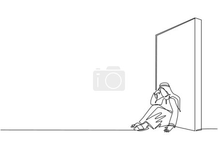 Téléchargez les illustrations : Un seul dessin en ligne continue bouleversé homme d'affaires arabe assis sur le sol et appuyé contre le mur. Concept d'entreprise en échec, triste, solitaire, en faillite ou expression négative. Un vecteur de dessin de ligne - en licence libre de droit