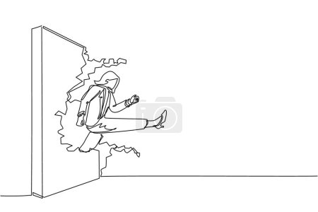 Single one line drawing businesswoman run and breaking through brick wall. Leadership concept. Business concept of obstacle and solution. Modern continuous line draw design graphic vector illustration
