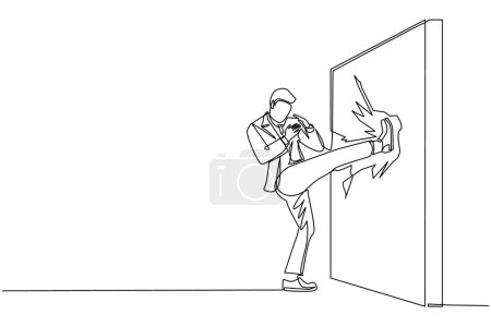 Ilustración de Una sola línea continua dibujar hombre de negocios haciendo kung fu o karate patada para destruir la pared de ladrillo. Concepto empresarial de obstáculo y solución. Obstrucción arruinada por la fuerza. Una línea dibujar vector de diseño - Imagen libre de derechos