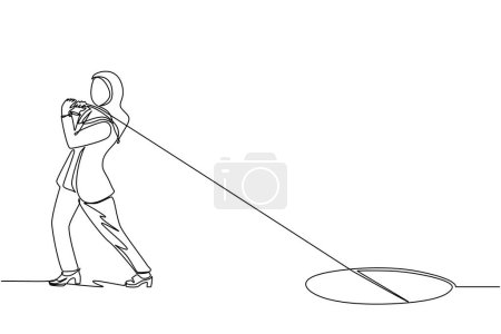 Ilustración de Una sola línea continua dibujando a una empresaria árabe tratando de tirar de la cuerda para arrastrar algo del agujero, metáfora de enfrentar un gran problema. Los negocios luchan. Ilustración vectorial de diseño de una línea - Imagen libre de derechos