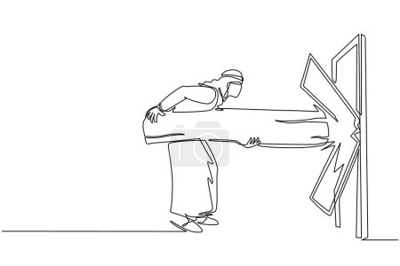 Illustration for Continuous one line drawing Arab businessman holding large log and destroying door. Overcome challenges, and destroying obstacle with power and brute force. Single line draw design vector illustration - Royalty Free Image