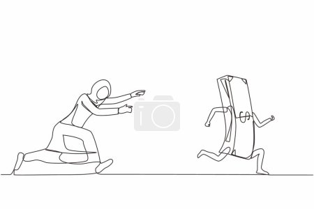 Illustration for Continuous one line drawing Arabic businesswoman or manager running and chasing after run away money. Concept of money obsession, impatient, greedy. Single line draw design vector graphic illustration - Royalty Free Image