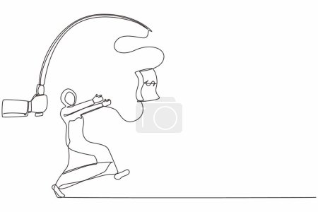 Illustration for Continuous one line drawing hand with fishing pole and dollar cash control greedy Arab businesswoman under hypnosis. Woman running after dangling dollar, trying to catch it. Single line design vector - Royalty Free Image