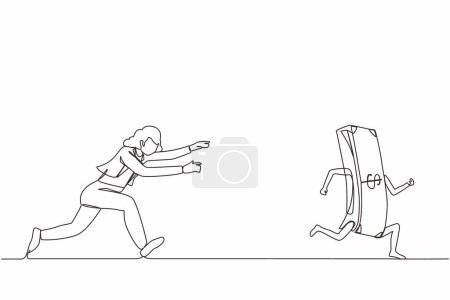 Illustration for Continuous one line drawing active businesswoman or manager running and chasing after run away money. Concept of money obsession, impatient, greedy. Single line draw design vector graphic illustration - Royalty Free Image