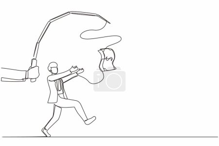 Single continuous line drawing hand with fishing pole and dollar cash control greedy businessman under hypnosis. Man running after dangling dollar and trying to catch it. One line draw design vector
