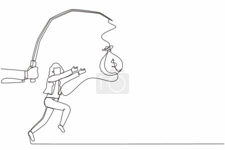 Single continuous line drawing hand with fishing pole and money bag control greedy businesswoman under hypnosis. Woman running after dangling money bag, trying to catch it. One line draw design vector