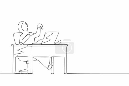 Illustration for Continuous one line drawing Arabic woman manager laughing out loud while pointing her finger at laptop. Happiness, business success, win, leader, development concept. Single line design vector graphic - Royalty Free Image
