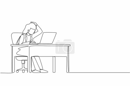 Ilustración de Una sola línea continua dibujo gerente femenino que trabaja en el ordenador portátil. Mujer con signo de interrogación en la cabeza se rasca la parte posterior de la cabeza sentada frente a la computadora portátil. Una línea dibujar vector de diseño gráfico - Imagen libre de derechos