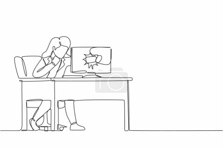 Illustration for Single continuous line drawing angry businesswoman breaks her laptop computer hitting it with clenched fist sitting at desk. Frustrated woman punching hole in pc screen. One line graphic design vector - Royalty Free Image