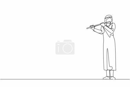 Illustration for Single continuous line drawing Arab male musician playing flute, standing on stage. Flutist performing classical music on wind instrument. Solo performance of talented flautist. One line design vector - Royalty Free Image