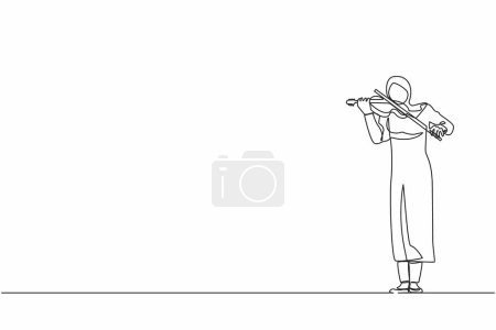 Single one line drawing Arab woman musician playing violin. Classical music performer with musical instrument. Female musician playing violin at music festival. Continuous line design graphic vector