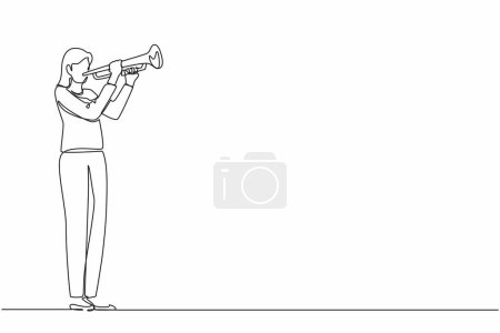 Single one line drawing woman playing trumpet. Music instrumental. Jazz musician playing trumpet instrument. Trumpet player. Orchestra performer. Music performance. Continuous line draw design vector