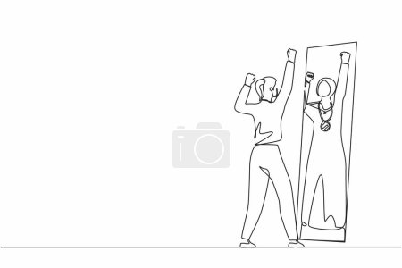 Illustration for Single one line drawing narcissistic Arabian businesswoman looking at mirror, seeing in reflection of herself with gold medal, self confidence. Continuous line draw design graphic vector illustration - Royalty Free Image