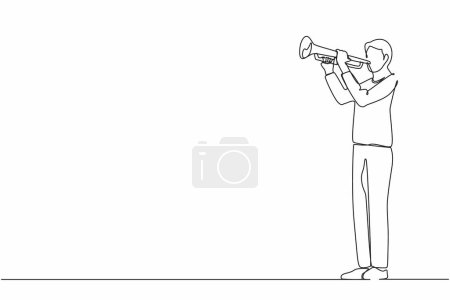 Ein durchgehender Strich zeichnet einen Mann, der Trompete spielt. Instrumentale Musik. Jazzmusiker mit Trompeteninstrument. Trompeter. Orchestermusiker. Musikalischer Auftritt. Einzeiliger Grafikdesign-Vektor