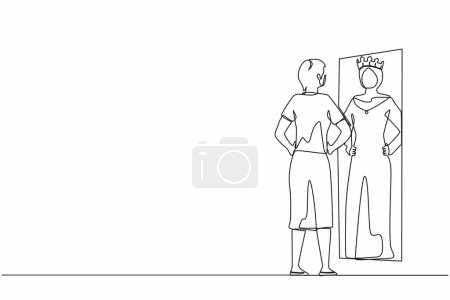 Illustration for Single continuous line drawing narcissistic Arab businesswoman looking at mirror and seeing in reflection of herself with crown on her head. Self confidence, motivation. One line graphic design vector - Royalty Free Image