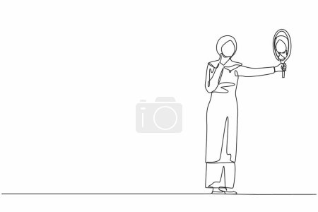 Illustration for Continuous one line drawing Arab businesswoman holding hand mirror. Female manager with hand mirror. Woman looking at herself in mirror. Narcissism, reflection. Single line design vector illustration - Royalty Free Image