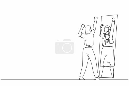 Illustration for Single continuous line drawing narcissistic businesswoman looking at mirror and seeing in reflection of herself with gold medal, person overestimate herself, self confidence. One line design vector - Royalty Free Image