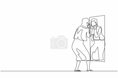 Ilustración de Una sola línea dibujando a una empresaria sosteniendo su cara en un espejo reflectante. Mujer aplicando loción en la cara después de bañarse o lavarse la cara, mirando al espejo. Línea continua dibujar diseño gráfico vector - Imagen libre de derechos