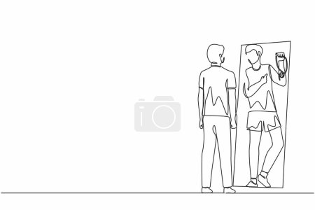 Illustration for Single continuous line drawing businessman looking at mirror and seeing in reflection of himself with holding gold medal, person overestimate himself, self confidence. One line graphic design vector - Royalty Free Image