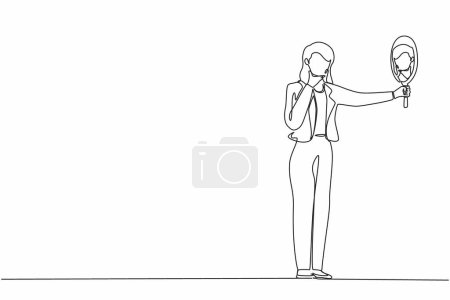 Illustration for Single one line drawing businesswoman holding hand mirror. Female manager with hand mirror. Woman looking at herself in mirror. Narcissism and reflection concept. Continuous line draw design vector - Royalty Free Image
