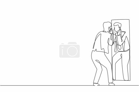 Ilustración de Una sola línea continua dibujando hombre de negocios sosteniendo su cara en espejo de reflexión. Hombre aplicando loción en rastrojo después de afeitarse o recortar, mirando al espejo. Ilustración vectorial de diseño de una línea - Imagen libre de derechos