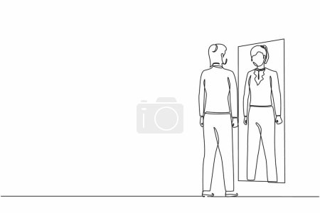 Illustration for Single continuous line drawing businesswoman looks herself in the mirror. Clerk or manager looking at her reflection in mirror and evaluating her attire. One line graphic design vector illustration - Royalty Free Image