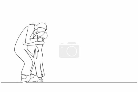 Illustration for Single continuous line drawing caring young Arab mother embracing kissing cute little daughter feeling love and tenderness. Mother's day, holiday concept. One line graphic design vector illustration - Royalty Free Image