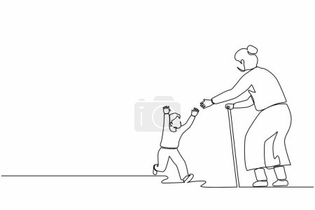Illustration for Single continuous line drawing joyful little boy meeting their grandparents. Happy family visiting grandfather and grandmother. Grandson running to hug grandma. One line design vector illustration - Royalty Free Image