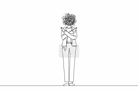 Illustration for Continuous one line drawing businesswoman with round scribbles instead of a head. Woman with crossed arms. Gesture crossed hands. Stop symbol. Rejection sign. Saying no. Single line draw design vector - Royalty Free Image
