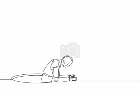 Illustration for Single continuous line drawing robot trying to get out of from hole. Modern robotic artificial intelligence technology. Electronic technology industry. One line draw graphic design vector illustration - Royalty Free Image