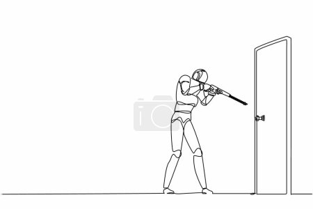 Illustration for Single one line drawing robot pointing shotgun at doorknob. Future technology development. Artificial intelligence and machine learning process. Continuous line draw design graphic vector illustration - Royalty Free Image
